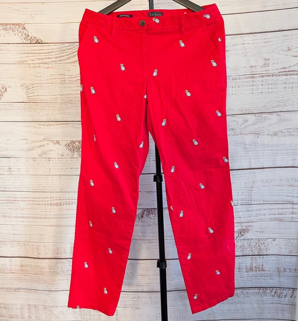 Talbots Chinos Women 4 Red Relaxed Chino Pants Embroidered Sailor French Bulldog